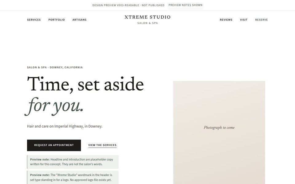 Preview of Concept 2: a mostly white page with the serif headline “Time, set aside for you” beside a photo placeholder.